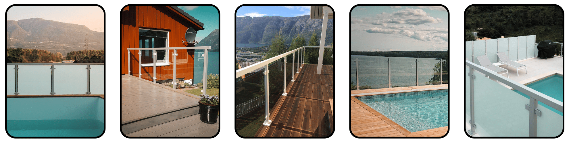 Bildecollage med fem Alu Classic-rekkverk i hvitt og sølv, montert ved terrasser og basseng med glassfylling i naturnære omgivelser.