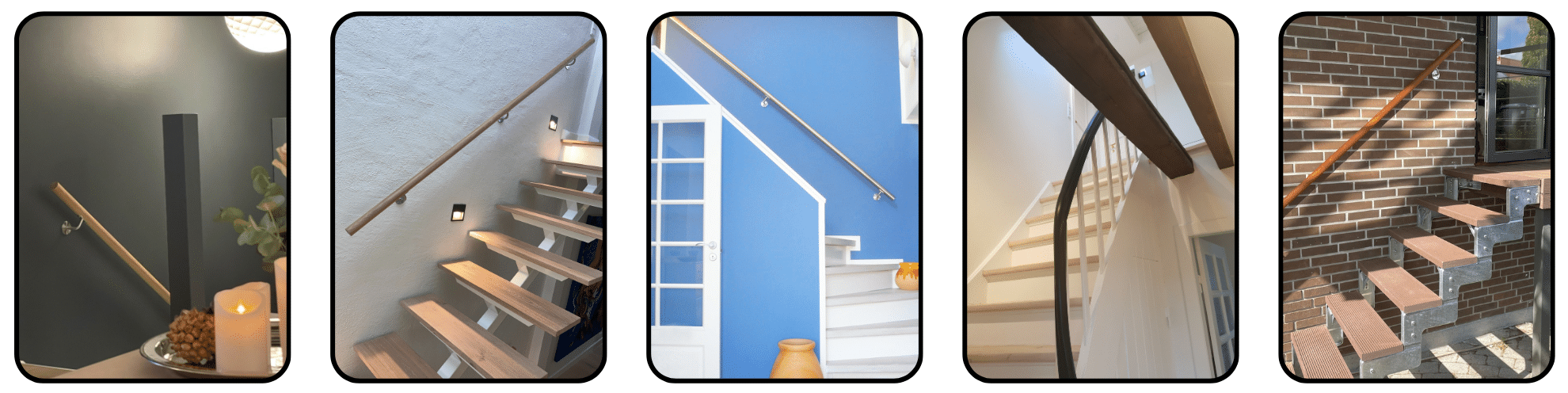 Fem miljøbilder som viser håndløpere i tre og metall montert både innendørs og utendørs i ulike typer trapper.