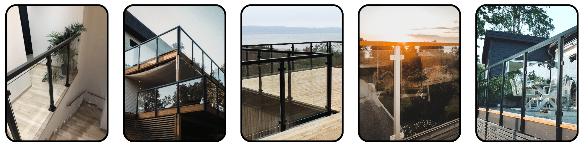 Bildecollage med fem Alu Classic-rekkverk i svart og hvitt, bunnmontert på terrasser, balkonger og trapper med glassinnfelling.