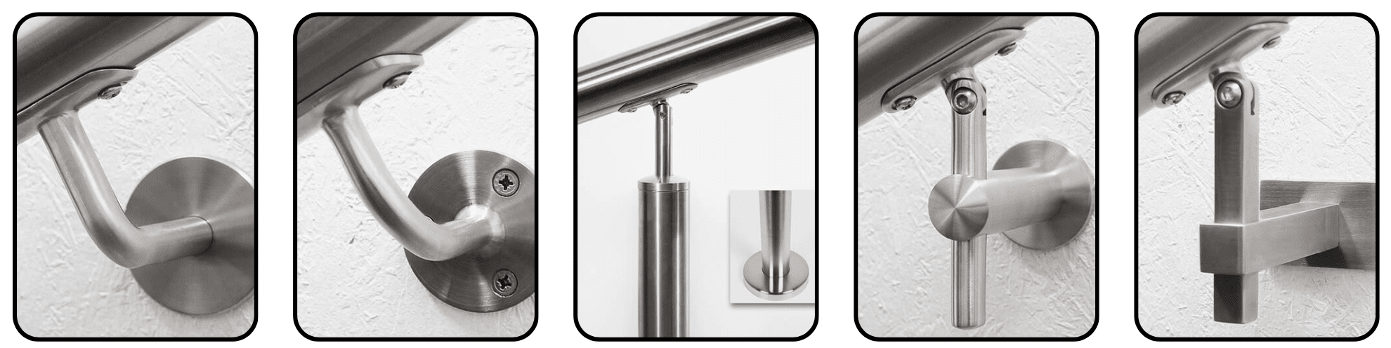 Nærbilder av fem ulike typer veggfester i rustfritt stål for håndløper i tre eller metall, vist mot hvit vegg.