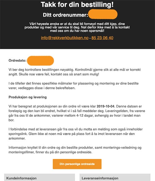Ordrebekreftelse rekkverkbutikken